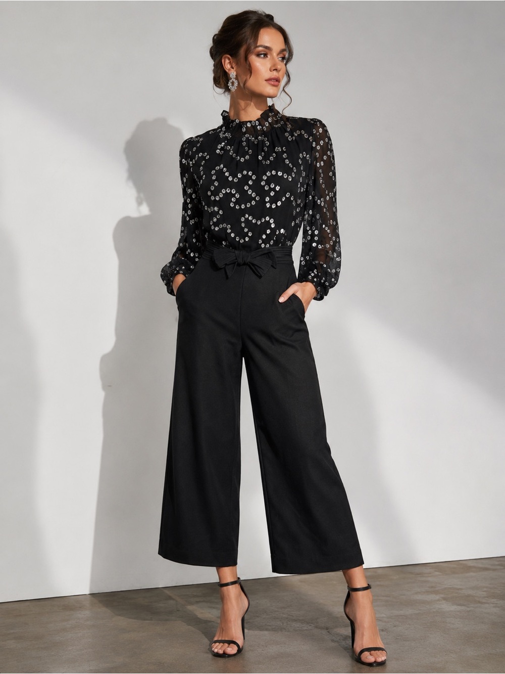 REBECCA TAYLOR black silver 
Metallic Dotted Silk Wide-Leg Jumpsuit size 6
